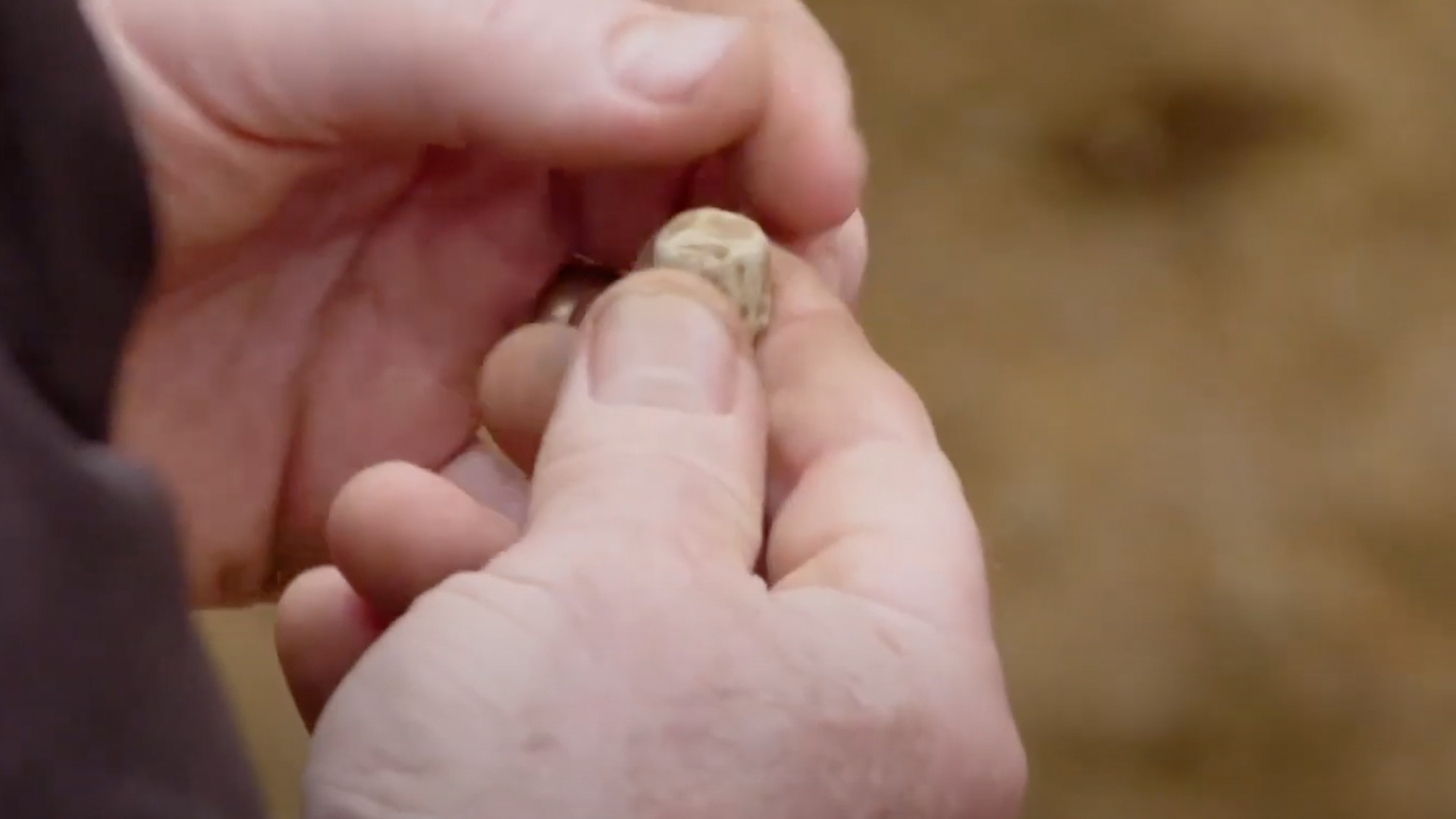 A man holding a small lead weight in his hands