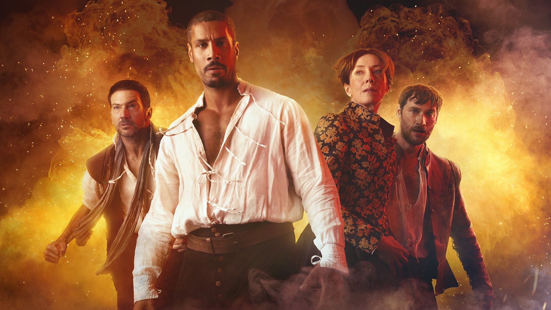 The Gunpowder Siege cast in front of a large explosion