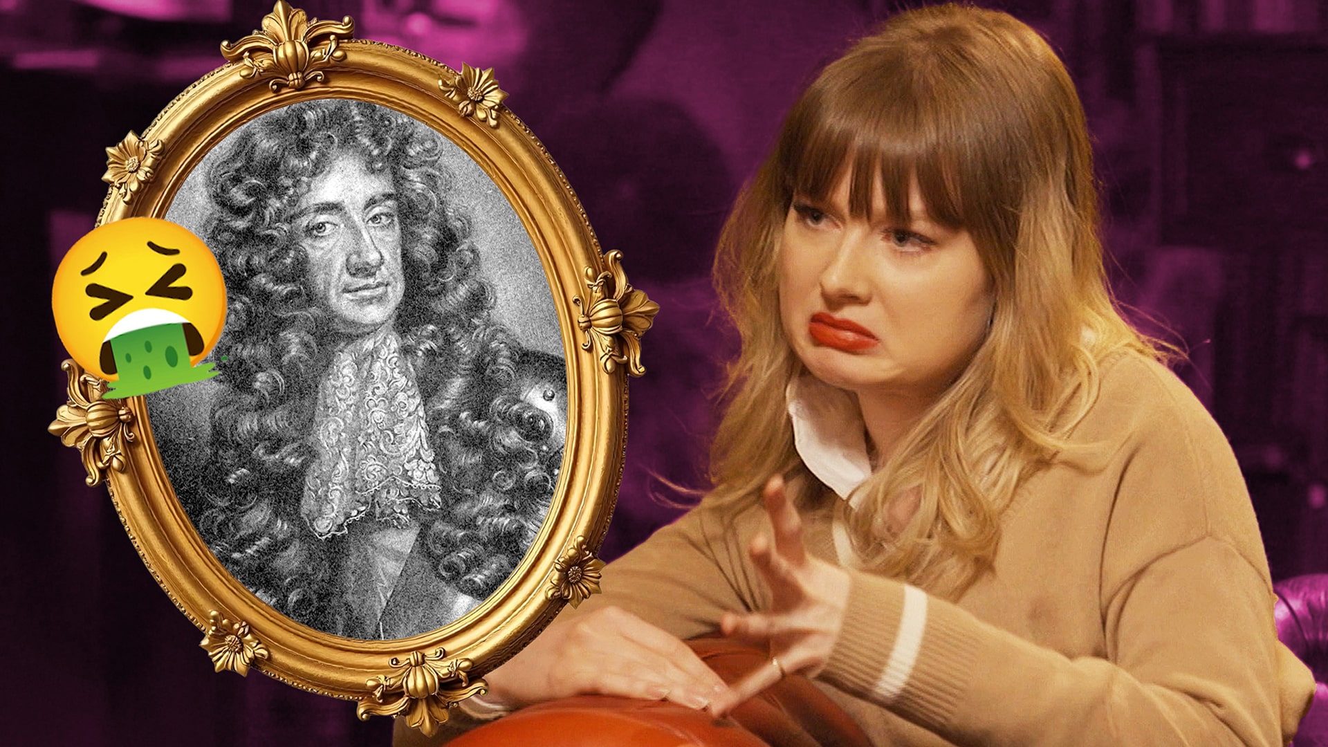 Katie Kennedy pulls a disgusted face next to a portrait of Charles II