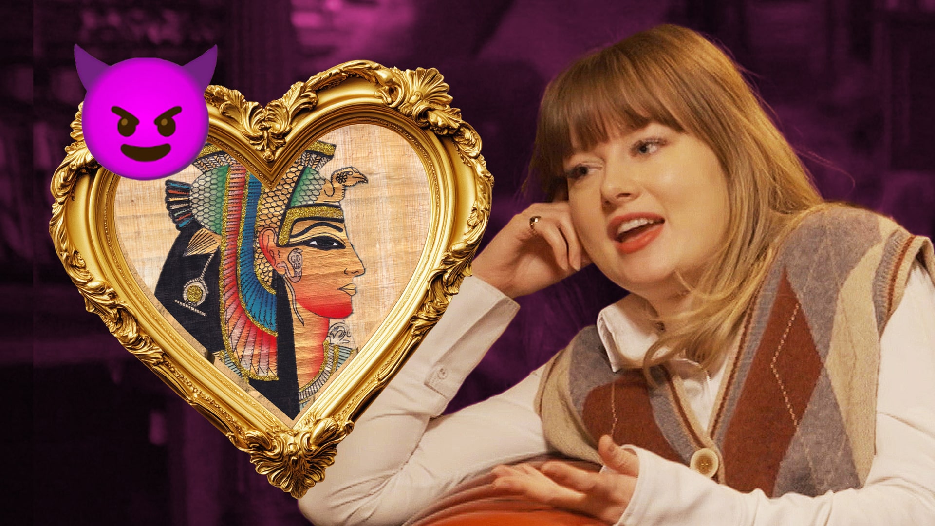 Katie Kenny next to an image of Cleopatra