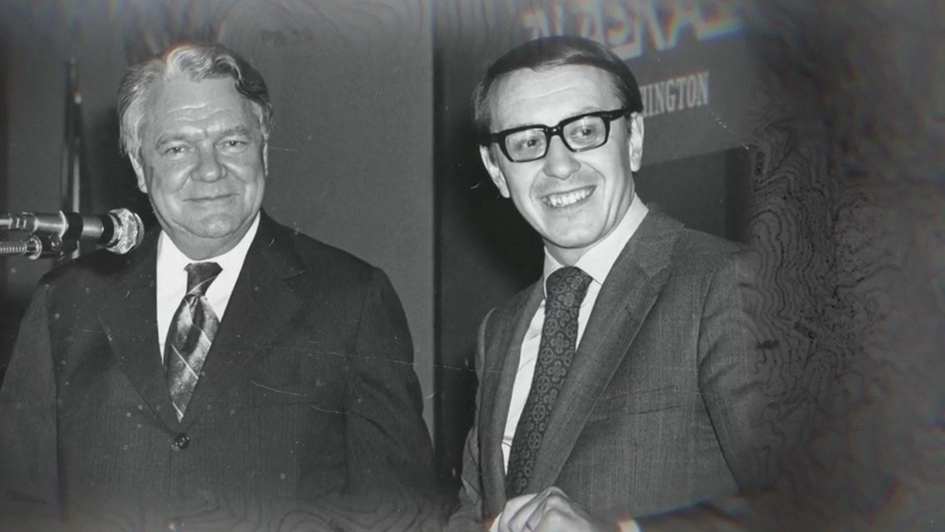 A black and white photo of Hale Boggs and Nick Begich Sr - two US congressmen who disappeared in 1972 on a flight from Anchorage to Juneau in Alaska
