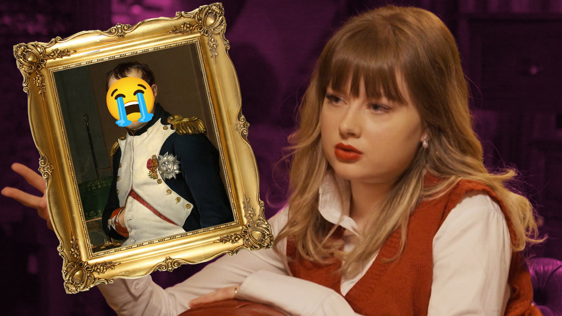 Katie Kennedy next to a portrait of Napoleon with a crying emoji over his face