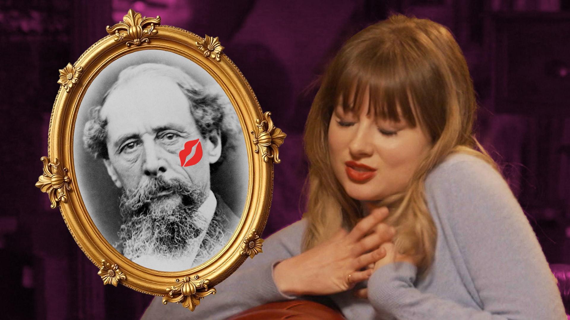 Katie Kennedy clutches her chest in a loving manner while next to a portrait of Charles Dickens