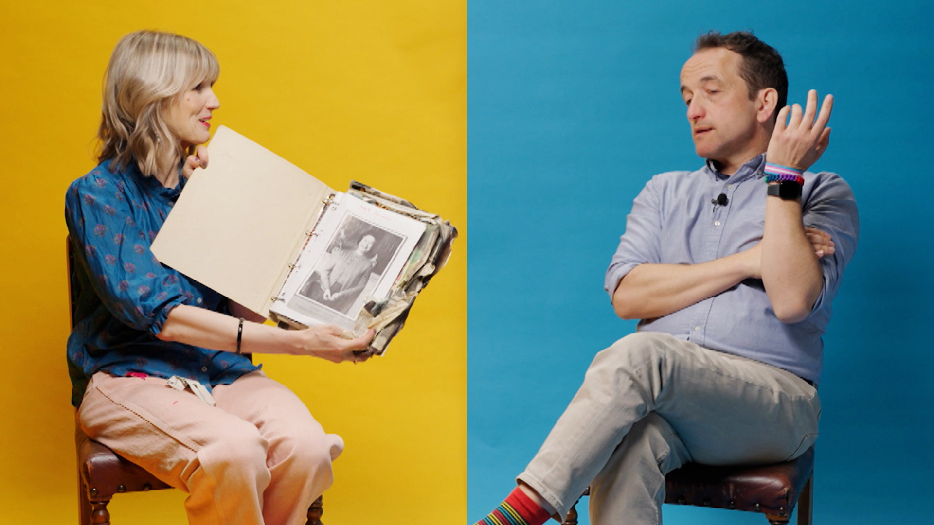 Monarchist Tessa Dunlop and republican Graham Smith talk while sitting either side of a yellow and blue background