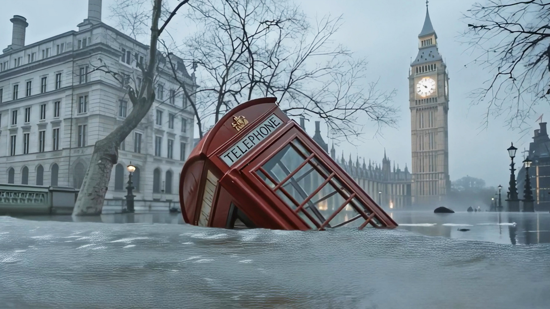A red telephone box covered by flood water in front of Big Ben