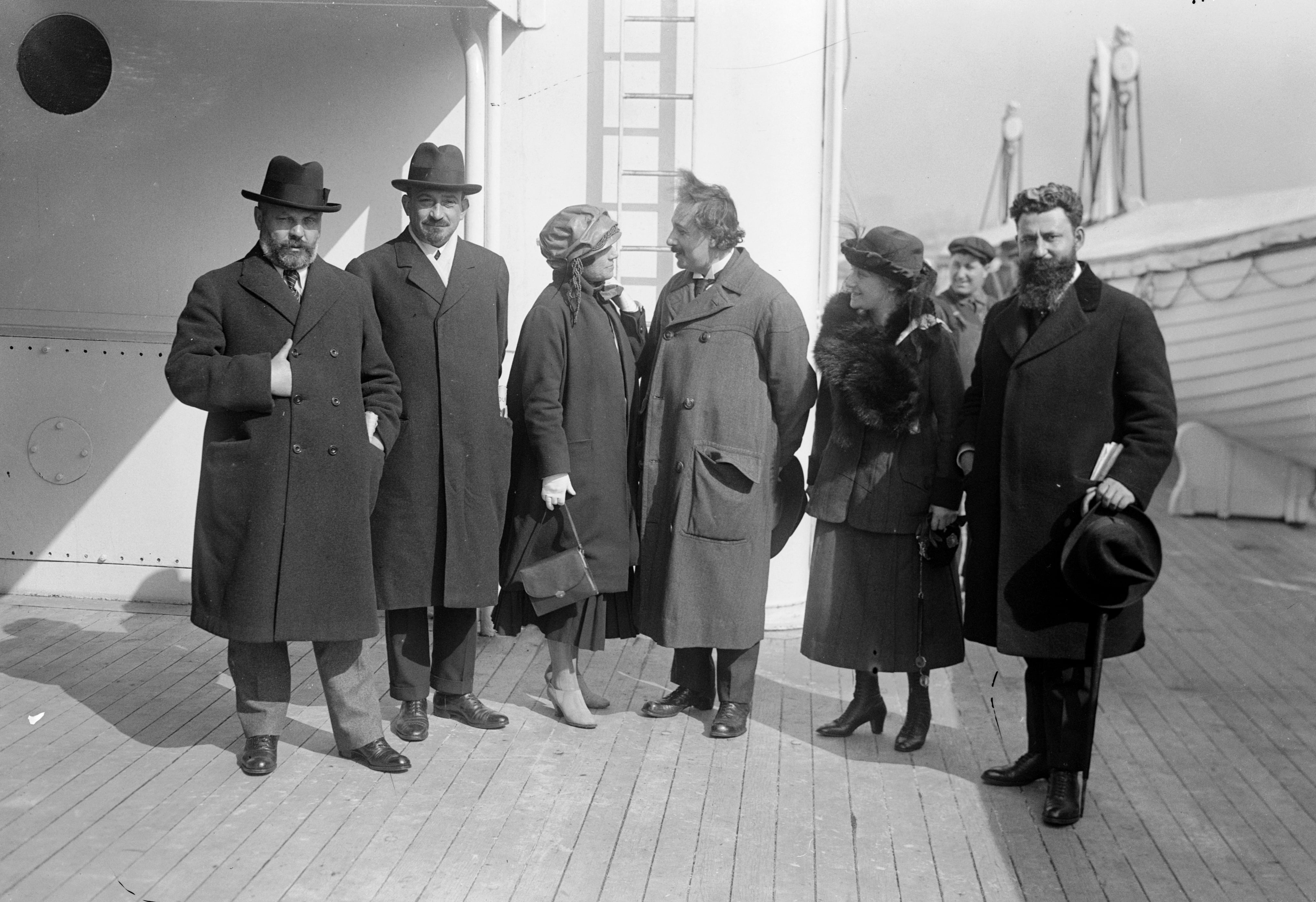 Albert Einstein with his wife Elsa Einstein and Zionist leaders, including the future president of Israel, Chaim Weizmann, his wife Vera Weizmann, Menahem Ussishkin, and Ben-Zion Mossinson on arrival in New York City in 1921