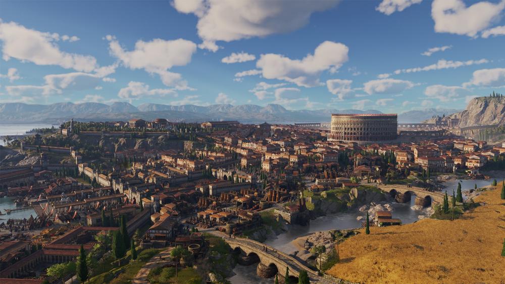 Panoramic view of ancient Rome in Anno 117 Pax Romana, featuring the Colosseum, aqueducts, bridges, and red-roofed city buildings.