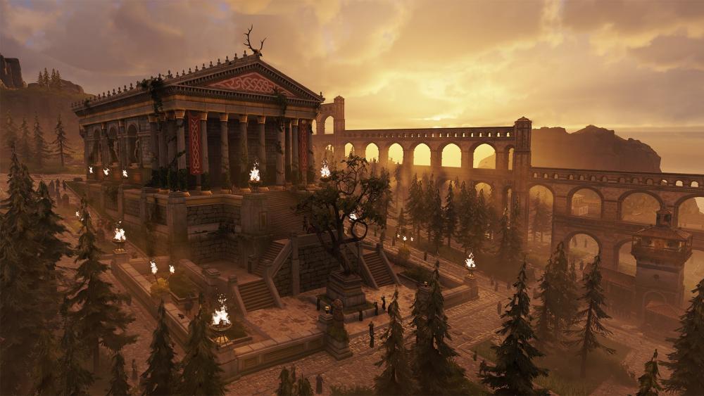 Roman temple and aqueducts at sunset in Anno 117 Pax Romana, surrounded by pine trees and fire-lit torches in golden light.