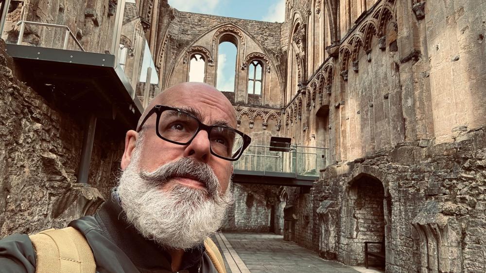Tony McMahon taking a selfie at Glastonbury Abbey