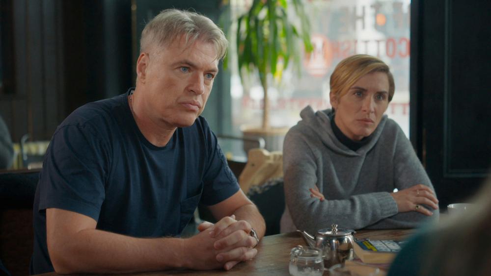 Vicky McClure and Jonny Owen listening to someone out of shot