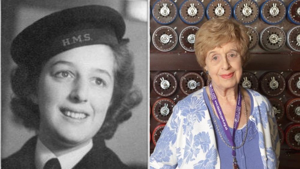 A side-by-side image of Ruth Bourne during her service days and later in front of the Bombe machine