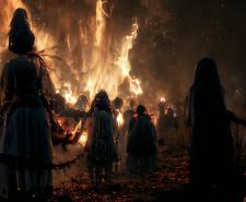 Hooded figures stand infront of a bonfire