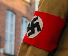 A photograph of a swastika armband worn by an actor playing a Nazi soldier