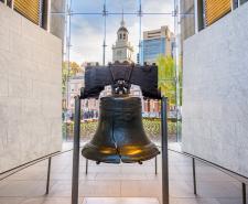 The Liberty Bell on display in Philadelphia. A prominent crack in the bell is visible