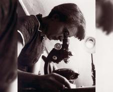 Black and white photograph of Rosalind Franklin looking through a microscope