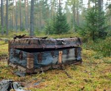 An ancient-looking treasure chest in the middle of a forest