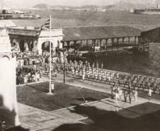 A ceremony to celebrate the liberation of Hong Kong at the Hong Kong Cenotaph in 1945