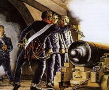 Painting showing French sailors firing a cannon while a 'powder monkey' - a young boy holding a container of gunpowder - stands next to them