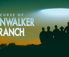 'CURSE OF SKINWALKER RANCH' - silhouettes of the Curse of Skinwalker cast standing against a green-orange sky with a mysterious flying saucer-shaped light above them