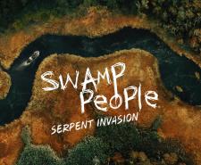 'SWAMP PEOPLE: SERPENT INVASION' - An aerial view of a river in the Florida Everglades edited to look like a python