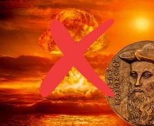 A rendering of an orange atomic bomb explosion with a red cross over the top of it. An old coin that depicts Nostradamus is in the bottom right corner