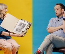 Monarchist Tessa Dunlop and republican Graham Smith talk while sitting either side of a yellow and blue background
