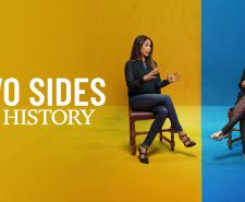 'TWO SIDES OF HISTORY' - Two women sitting on chairs either side of a divided colour background. One side if yellow, the other is blue