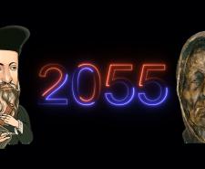 An illustration of Nostradamus and a statue bust of Baba Vanga next to the number 2055