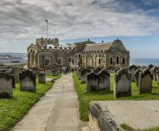 Looking down at St Mary's Church in Whitby with the sea in the background