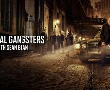 Sean Bean sits on a classic car in a dimly lit street beside retro gangsters and the text 'Original Gangsters with Sean Bean.'