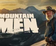 Illustration of Tom Oar standing on top of a mountain next to the show title