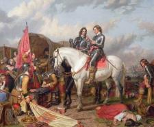 Painting of Oliver Cromwell at the Battle of Naseby. He is reading a message atop a white horse