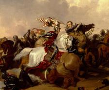 Painting depicting Richard III and Henry Tudor clashing at the Battle of Bosworth Field