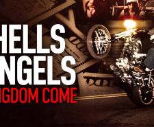 Promotional artwork for Hells Angels: Kingdom Come, featuring a motorcycle rider performing a wheelie alongside bold title text.