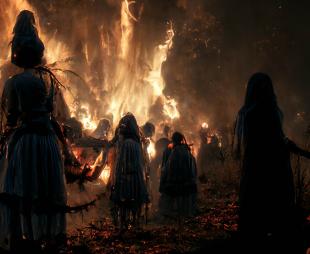 Hooded figures stand in front of a bonfire