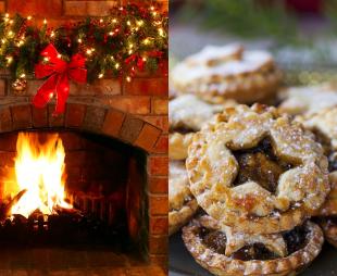 A stock image showing a fire place and Christmas mince pies