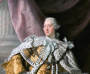 Painting of King George III in white wig and coronation robes