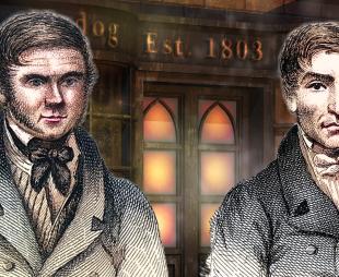 Court sketches of Burke and Hare and a Victorian shopfront in the backgroun