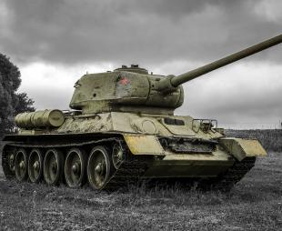 A photograph of a Soviet T-34 tank