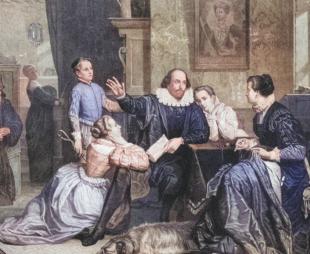 Colourised image of William Shakespeare talking to his family. His wife and daughters sit listening to him while his son, Hamnet, stands over his shoulder