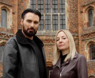 Rylan Clark and Professor Alice Roberts stand in front of an old stately home