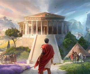 Roman diplomat in red toga approaches grand temple in Anno 117 Pax Romana, symbolizing the divide between Rome and Celtic lands.