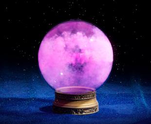 Captivating view of a glowing crystal ball with a pink nebula pattern, elegantly positioned on a decorative base, set against a backdrop filled with stars.