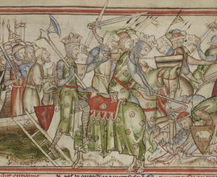 13th century image depicting King Harald of Norway at the Battle of Fulford