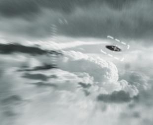 Stylised black-and-white image of a UFO flying through clouds