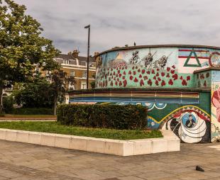 The entrance to the underground air raid shelter near Stockwell station now used as a war memorial