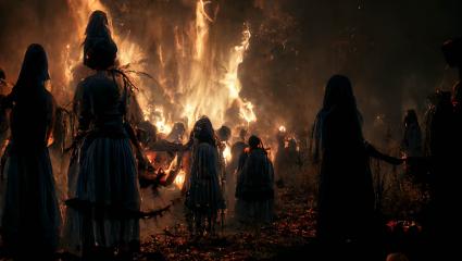 Hooded figures stand infront of a bonfire