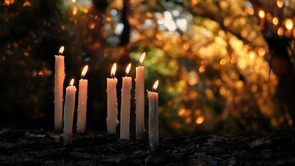 Burning candles in an autumnal forest