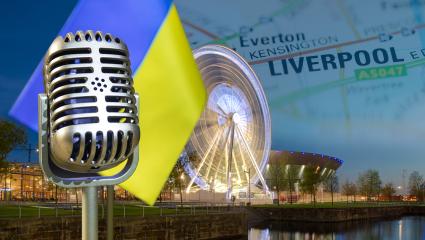 A stock image of Liverpool, a Ukrainian flag and a microphone