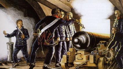 Painting showing French sailors firing a cannon while a 'powder monkey' - a young boy holding a container of gunpowder - stands next to them